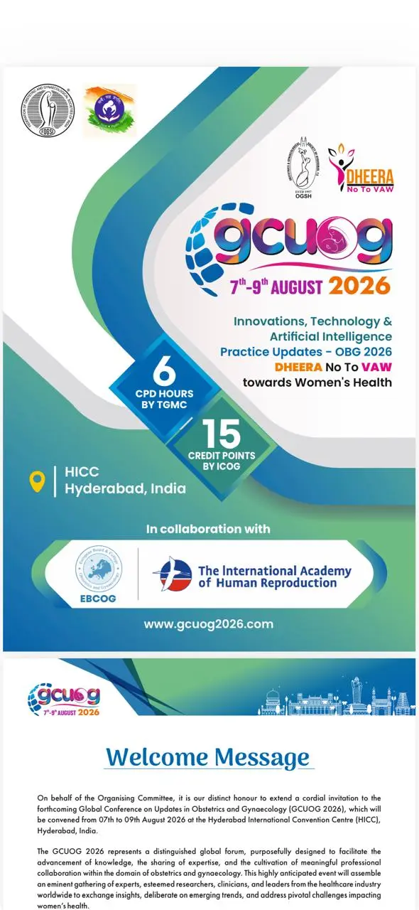 GCUOG 2026 conference flyer — Global Conference on Updates in Obstetrics and Gynaecology at HICC Hyderabad